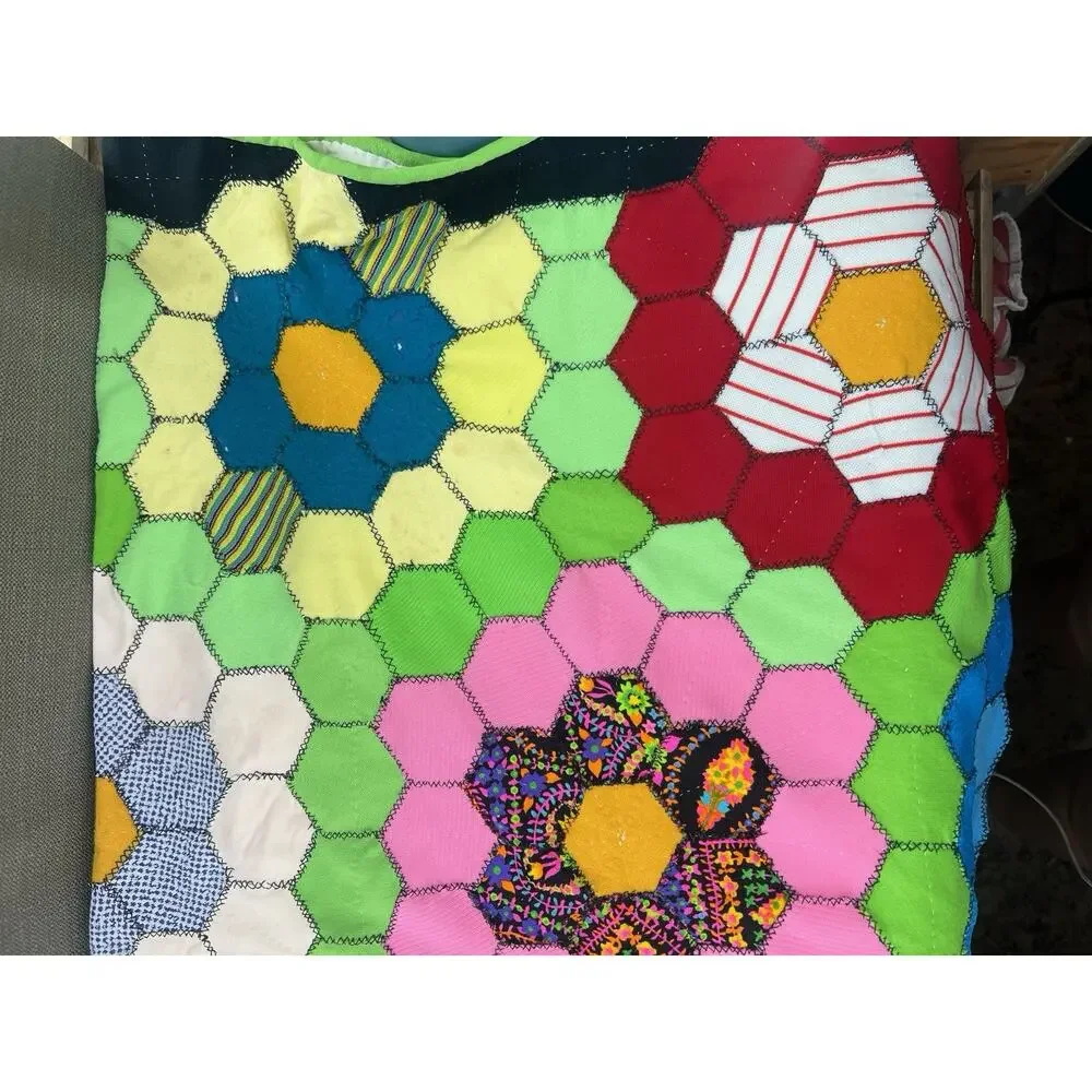 Vtg Grandmother’s Flower Garden Quilt Blanket Throw 34x50 Handmade Cottagecore